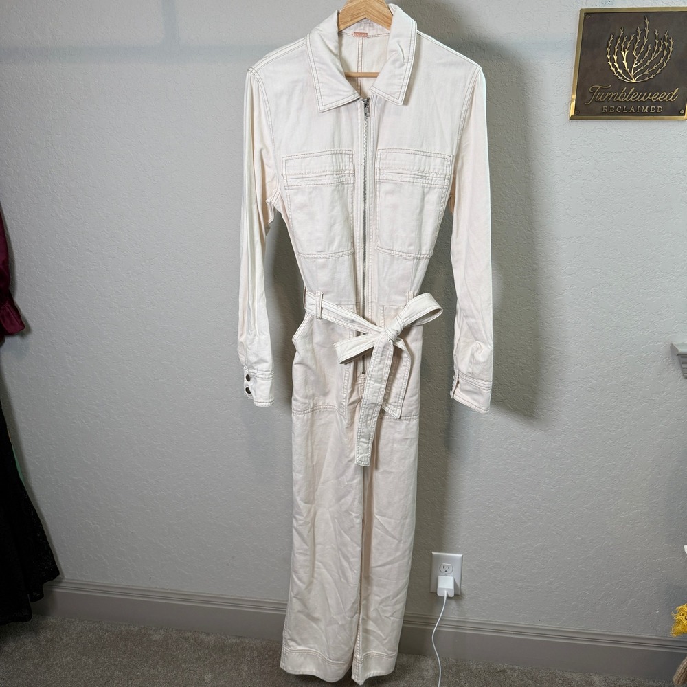 Free People Marci Coverall Denim Jumpsuit Cream Utility Boiler Suit Long Sleeve